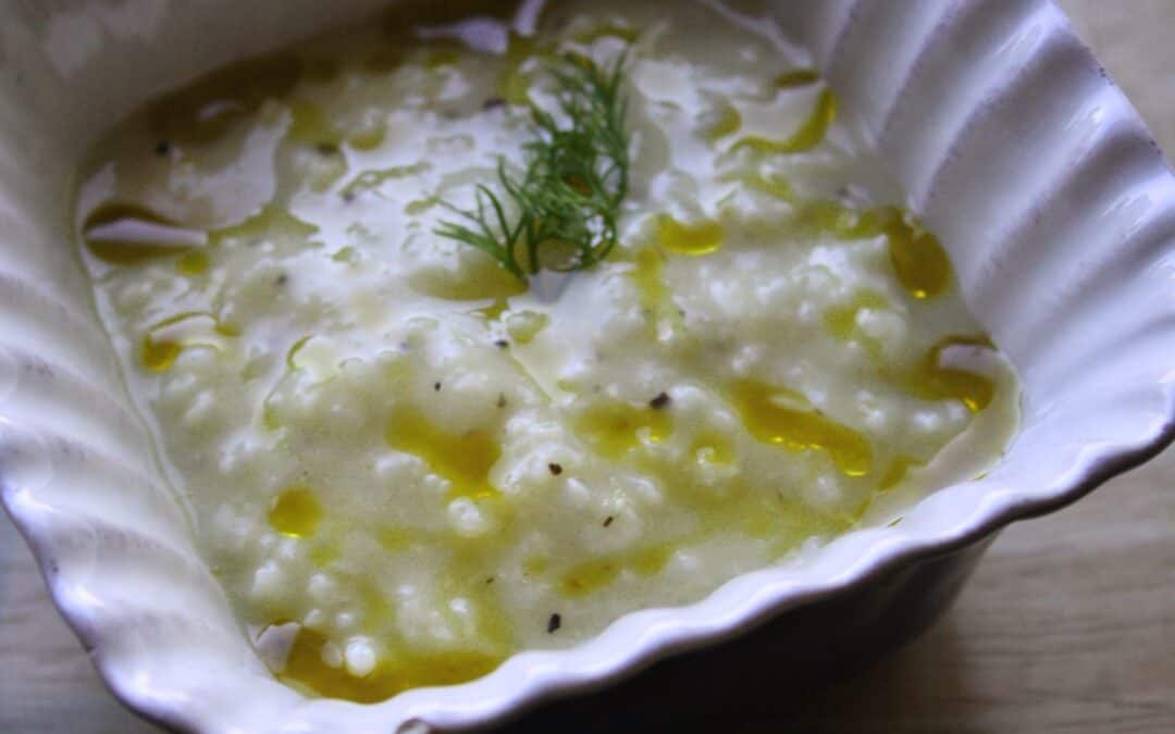 Avgelomono Soup with Baklouti Olive Oil Drizzle