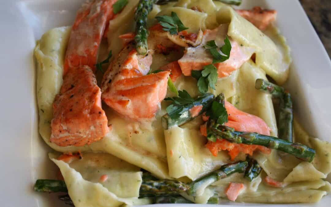 Grilled Wild Salmon and Asparagus In Dill Olive Oil-Lemon Cream Sauce Over Dill Pappardelle