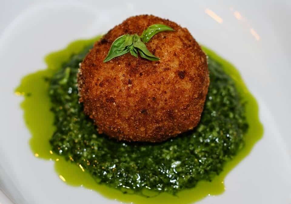 Arancini Fried in Extra Virgin Olive Oil (Truffled Wild Mushroom Risotto & Arancini in Baby Arugula UP Pesto)