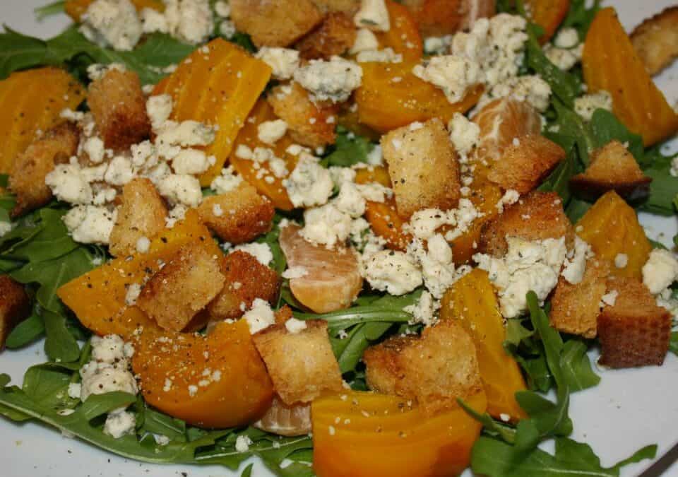 Slow Roasted Golden Beet & Tangerine Salad Over Baby Arugula With Blue Cheese and Leaning Ladder Citrus Vinaigrette