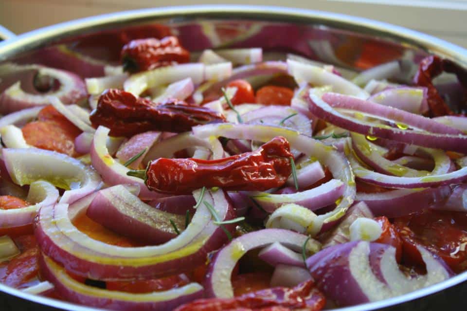 Confit of Tomatoes, Peppers, and Sweet Red Onions