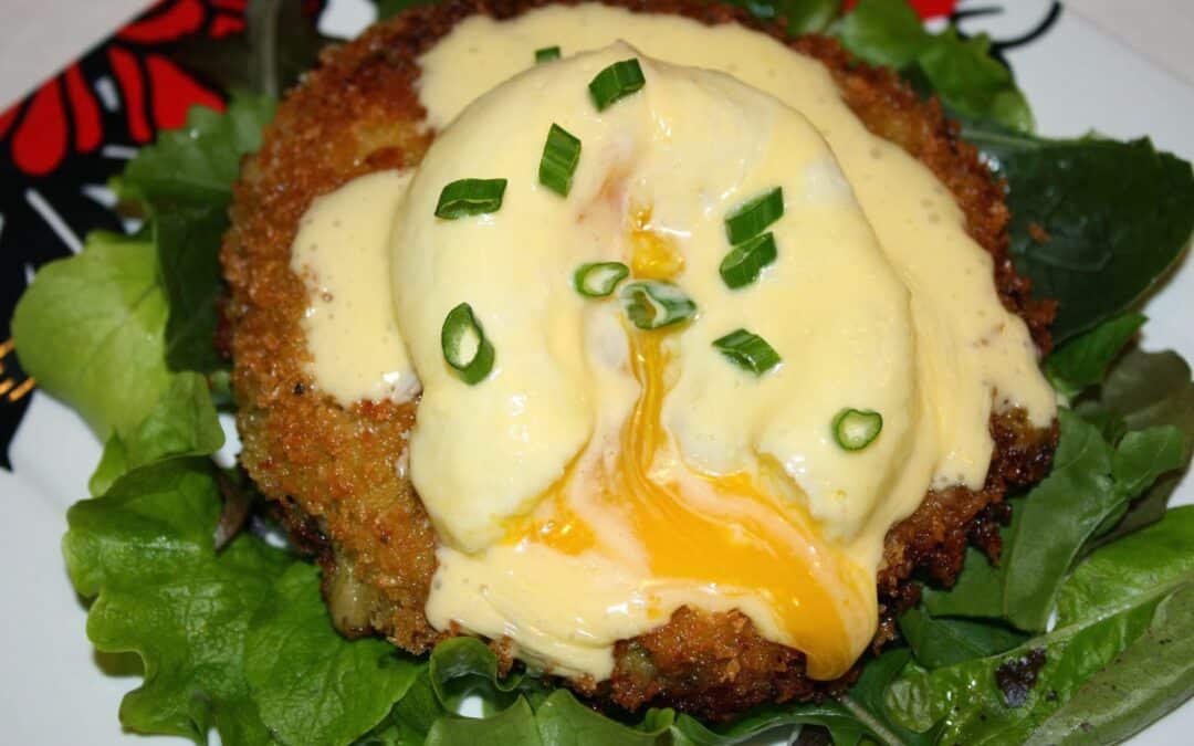 Caramelized Broccoli & Cauliflower Croquettes With Poached Eggs and Gremolata Hollandaise