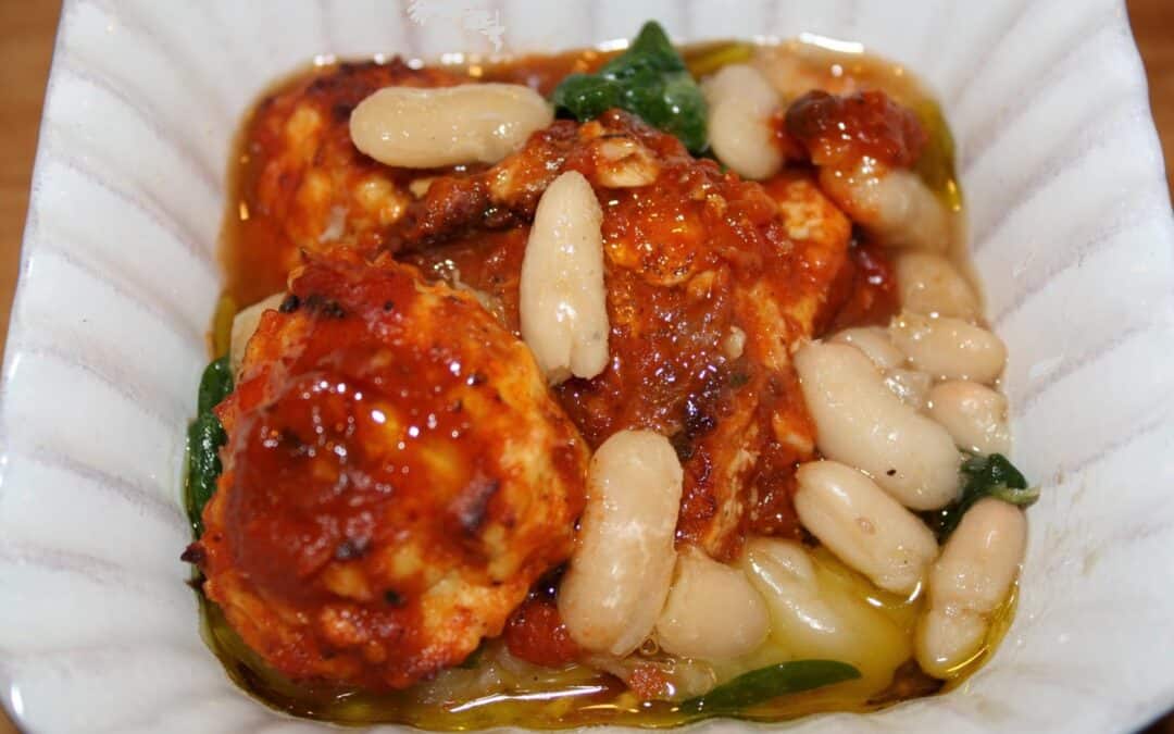 Chicken Popettine in Spicy-Garic Tomato Sugo Over Smoky Cannellini Beans with Escarole