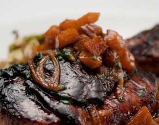 Maple-Balsamic Glazed Pork Chops with Thyme Poached Quince