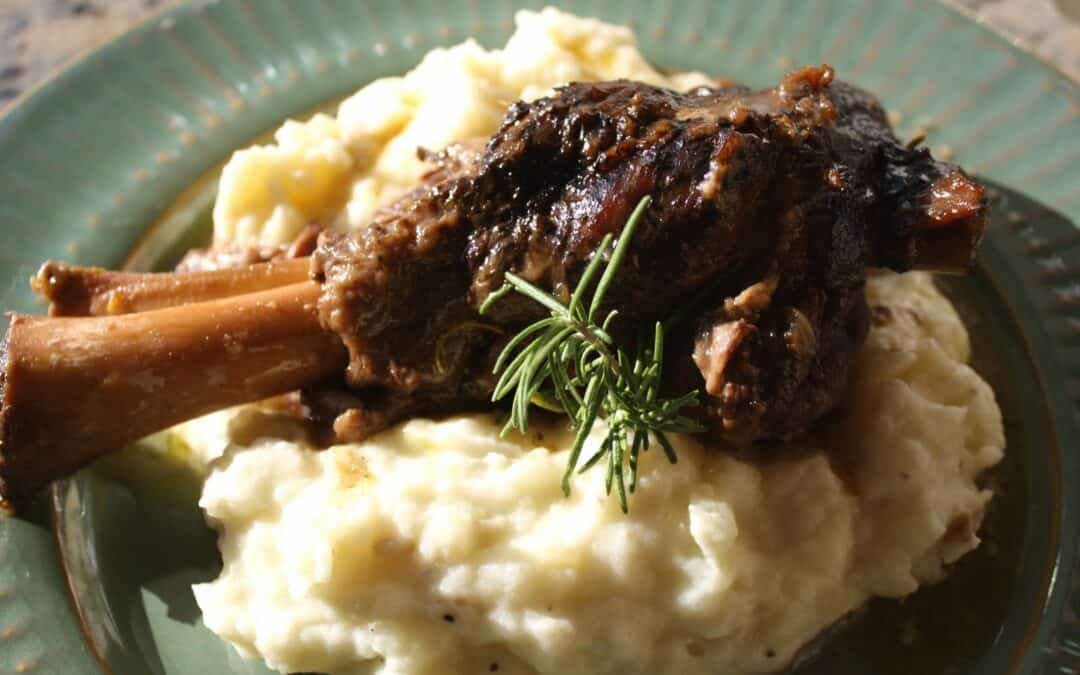 Slow Braised Lamb Shank with Coratina and Malbec Wine Reduction